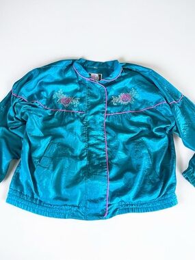 Vintage Silk Teal Windbreaker Jacket Retro 90s Embroidered Coat